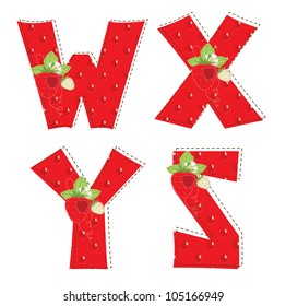 Patchwork red strawberry alphabet. Letter W, X, Y, Z