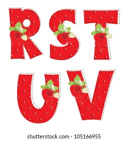 Patchwork red strawberry alphabet. Letter R, S, T, U, V