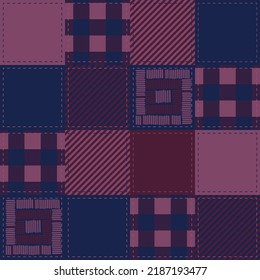 Patchwork con una jaula escocesa de burdeos y azul