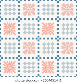 Patchwork seamless checkered pattern with flowers. Groovy retro background. Fabric textile print. Surface cover design.