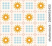 Patchwork seamless checkered pattern with sun flowers. Groovy retro background. Fabric textile print. Surface cover design.