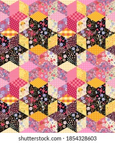Patchwork seamless floral pattern. Beautiful quilt design with stars from patches with flowers. Print for fabric, textile. Vector design. 