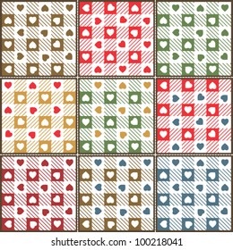 Patchwork of Seamless Hearts & Gingham Patterns.  EPS10 contains 9 seamlessly repeating pattern swatches.