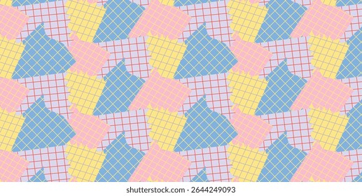 Patchwork seamless Pattern with Abstract geometric Colorful Shapes. Blue triangle, yellow and pink textured cut out paper, red grid lines. Retro 90s style. Vector flat illustration.