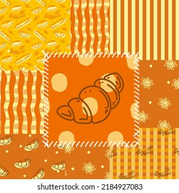 Patchwork Seamless Pattern. Baking, croissants, plaid, crochet and polka dots. Bon Appetit. Ornaments in bright colors. Flat style vector illustration.