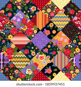 Patchwork seamless pattern with bright tropical flowers and abstract geometric ornaments. Print for fabric and home textile. COlorful vector illustration.