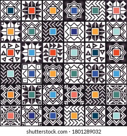 Patchwork Seamless pattern, Carpet print from Maori ethnic borders, black and white frames with pastel colored rhombus. Bandana Batik paint, shawl, rug, mat. 20 pattern brushes in the brush palette 