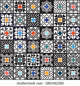 Patchwork Seamless pattern, Carpet print from Maori ethnic borders, black and white frames with pastel colored rhombus. Bandana Batik paint, shawl, rug, mat. 20 pattern brushes in the brush palette 