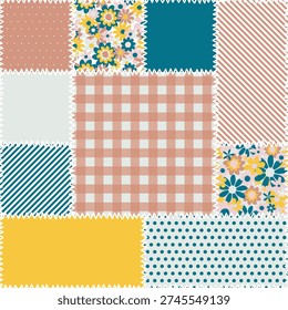 patchwork seamless pattern with colorful floral and striped ornate