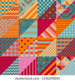 Patchwork seamless pattern. Colorful ornamental triangle patches combine in squares.