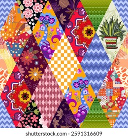 Patchwork seamless pattern from colorful patches with birds, flowers, plants and decorative ornaments.