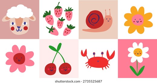 patchwork seamless pattern with cute children characters and symbols  crab, sheep, flower, strawberrry icons