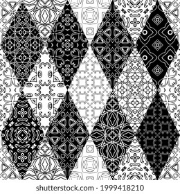 Patchwork seamless pattern with decoraitive black and white ornaments.