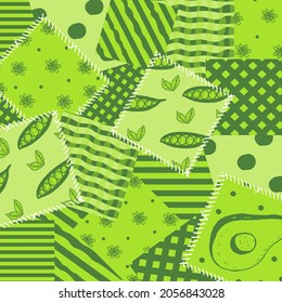 Patchwork seamless pattern. Different color palettes. Avocado, mint leaves, peas, stripes, cage, circles. Ornaments in bright colors. Vector illustration