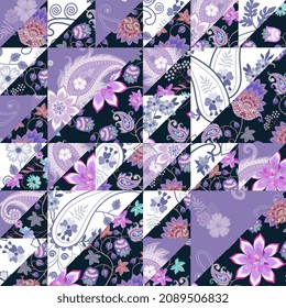 Patchwork seamless pattern with ethnic motifs. Quilt design with floral and paisley ornaments