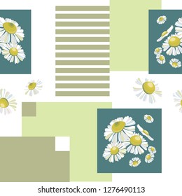 Patchwork seamless pattern for fashion prints.Squares and lines in blue and light green pastel colors with daisies. Trendy bandana background with geometric elements and floral motifs and chamomile.