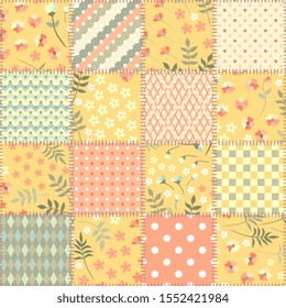 Patchwork seamless pattern with floral and geometric ornaments in warm pastel tones. Beautiful print for fabric.