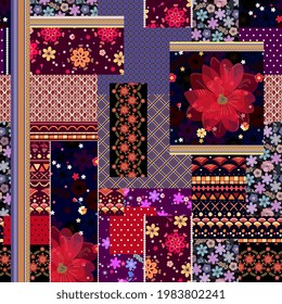 Patchwork seamless pattern with floral and geometric snippets. Vector design.