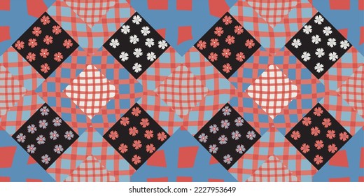 patchwork seamless pattern with flowers and checkered background. Vector design for paper, fabric and other surface