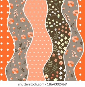 Patchwork seamless pattern with flowers and polka dot. Quilt design. Vector illustration. Print for fabric in country style.