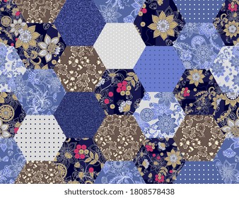 Patchwork seamless pattern from hexagonal patches with flowers, polka dot and denim print. Quilt design in blue and brown colors.