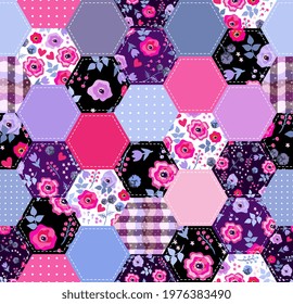 Patchwork seamless pattern from hexagonal patches with floral and polka dot ornament. 