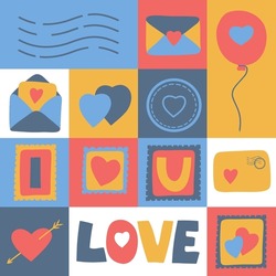 Patchwork Seamless Pattern of Love Letters. Romantic open and closed envelopes with cards, stamps, letters and wax hearts-shaped seal.