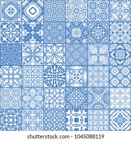 Patchwork seamless pattern, ornate portuguese decorative tiles azulejos. Abstract patchwork background. Vector hand drawn illustration, typical portuguese tiles, Ceramic tiles. Set of mandalas.