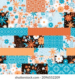 Patchwork seamless pattern from patches with floral, lace and polka dot ornaments. Quilt design.