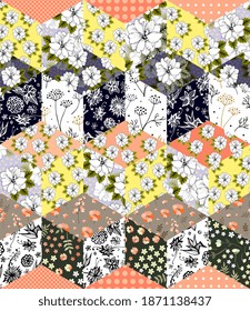 Patchwork seamless pattern from patches with flowers. Quilt with floral ornament. Stylish print for fabric. 