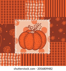 Patchwork seamless pattern. Pumpkin, carrots, stripes, cage, flowers and peas. Ornaments in bright colors. Vector illustration