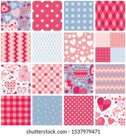 Patchwork seamless pattern from square patches and hearts   geometric ornaments  Cute print for Valentines day  