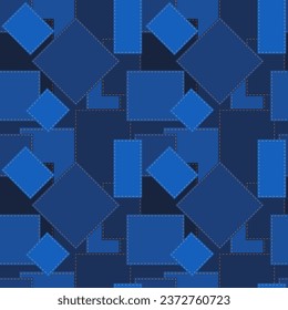 Patchwork seamless pattern of textile pieces with sewing stiches in different indigo tones. Vector  illustration. For backgrounds, wrapping, textile.