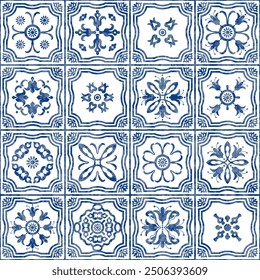 Patchwork seamless pattern of tiles with blue watercolor geometrical and floral ornaments 