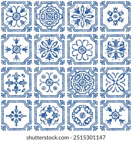 Patchwork seamless pattern of tiles with blue watercolor geometrical and floral ornaments 