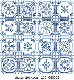 Padrão impecável de azulejos com ornamentos geométricos e florais de aquarela azul 