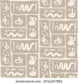 Patchwork seamless pattern with various snakes and botanical elements arranged in rectangular segments. Animalistic vector continuous ornament.