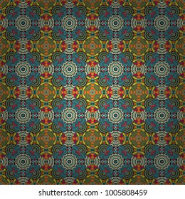 Patchwork seamless pattern. Vector stylized abstract flowers and Mandalas. Indian, Arabic, Moroccan motives in green, blue and orange colors. Ethnic print for fabric.