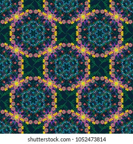 Patchwork seamless pattern. Vector stylized abstract flowers and Mandalas. Indian, Arabic, Moroccan motives in black, green and pink colors. Ethnic print for fabric.