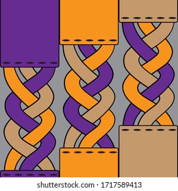 Patchwork seamless pattern. Vertical stripes with decorative elements in the form of braided ribbons.