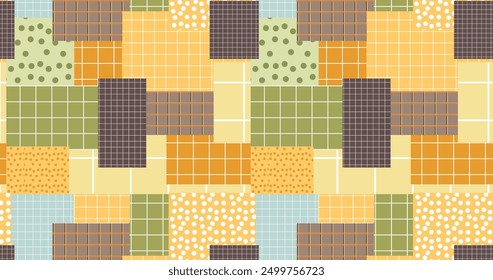 Patchwork seamless pattern. Wallpaper with grid and dots. Plaid background. 