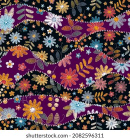 Patchwork seamless pattern. Wavy design from stitched patches with embroidery flowers. Beautiful print for fabric and textile.
