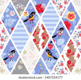 Patchwork seamless pattern witn funny birds and bright exotic flowers.  Print for fabric, paper, wallpaper
