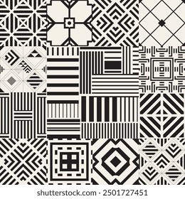 Patchwork from seamless tiles with geometric pattern. Set of modern geometric seamless Tiles. Stylish pattern  for ceramic tile, wallpaper, linoleum, textile, web page background.Vector illustration.