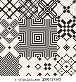 Patchwork from seamless tiles with geometric pattern. Set of modern geometric seamless Tiles. Stylish pattern  for ceramic tile, wallpaper, linoleum, textile, web page background.Vector illustration.