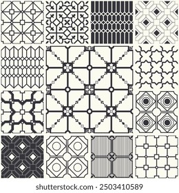 Patchwork from seamless tiles with geometric pattern. Set of modern geometric seamless Tiles. Stylish pattern  for ceramic tile, wallpaper, linoleum, textile, web page background.Vector illustration.