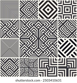 Patchwork from seamless tiles with geometric pattern. Set of modern geometric seamless Tiles. Stylish pattern  for ceramic tile, wallpaper, linoleum, textile, web page background.Vector illustration.