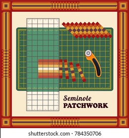 Patchwork, Seminole Design, Cutting Mat, Quilters Ruler, Rotary Blade Cutter,  sew bands of fabric together lengthwise, cut into strips, reorganize strips into patterns, for DIY quilts, sewing, crafts