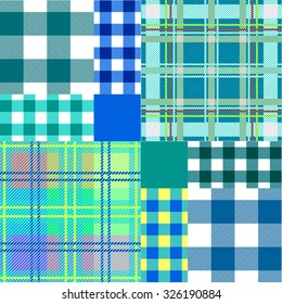 Patchwork. Set of blue seamless checkered textile patterns. Backgrounds & textures shop. 