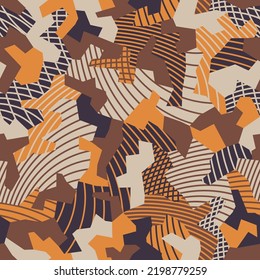 Patchwork sewing, camouflage background. Radio waves, striped radial pattern. Urban clothing style. Geometric camo repeat print. Orange, brown, colors texture. Vector seamless wallpaper